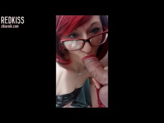 redhead with glasses takes in her mouth blowjob